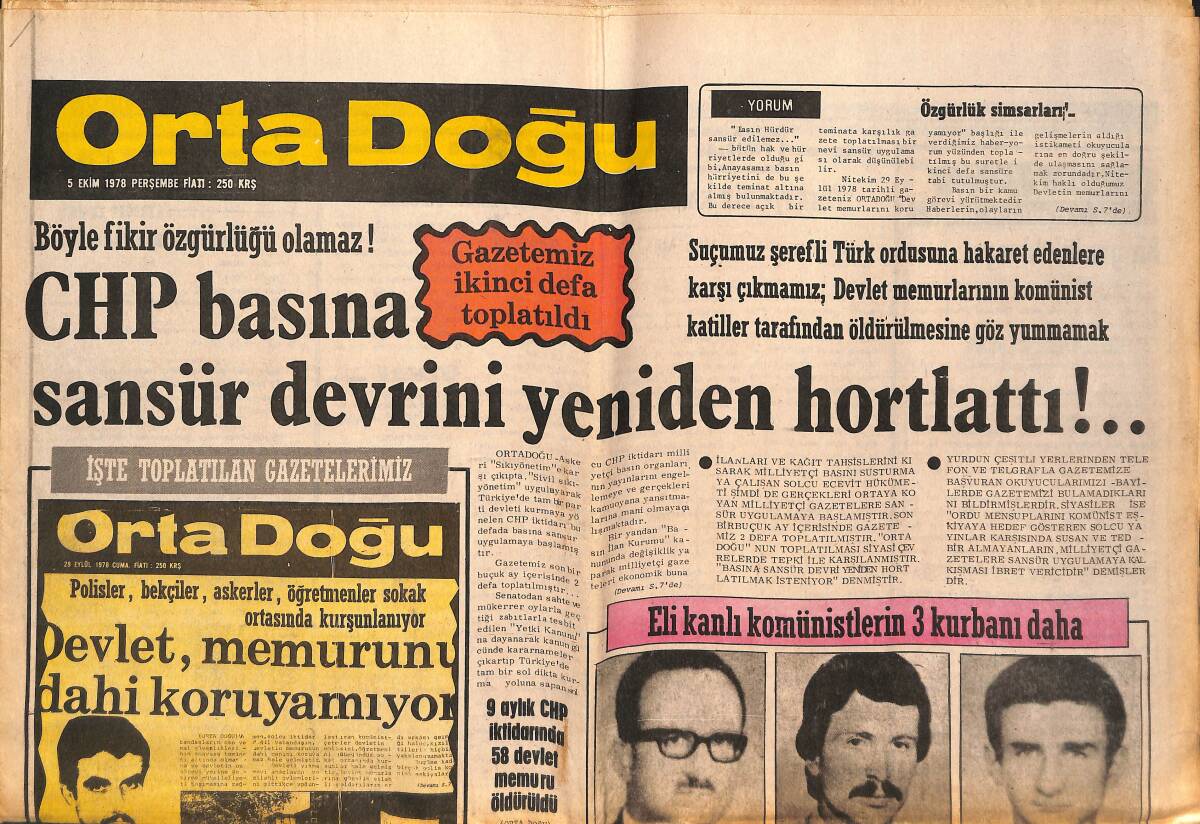 Orta Doğu Gazetesi 5 Ekim 1978 - CHP Basına Sansür Devrini Yeniden Hortlattı!.. - Mevlüt Turhan Güçlü Kalemiyle Aramızda! GZ139370 - 1