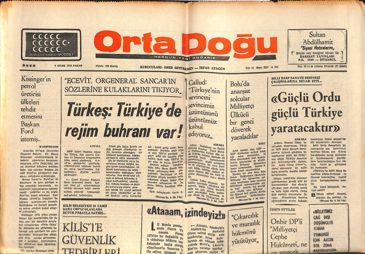 Orta Doğu Gazetesi 5 Ocak 1975 - Alpaslan Türkeş: Türkiye'de Rejim Buhranı Var! - Diyarbakır'da Solcu Aşık Mahzuni Halkı Kandırınca Olay Çıktı! GZ139310 - 1