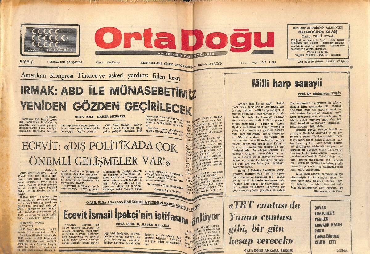 Orta Doğu Gazetesi 5 Şubat 1975 - Bülent Ecevit , İsmail İpekçi'nin İstifasını Önlüyor! - CHP'LİLER Dün MSP Toplantısını Bastı! GZ139307 - 1