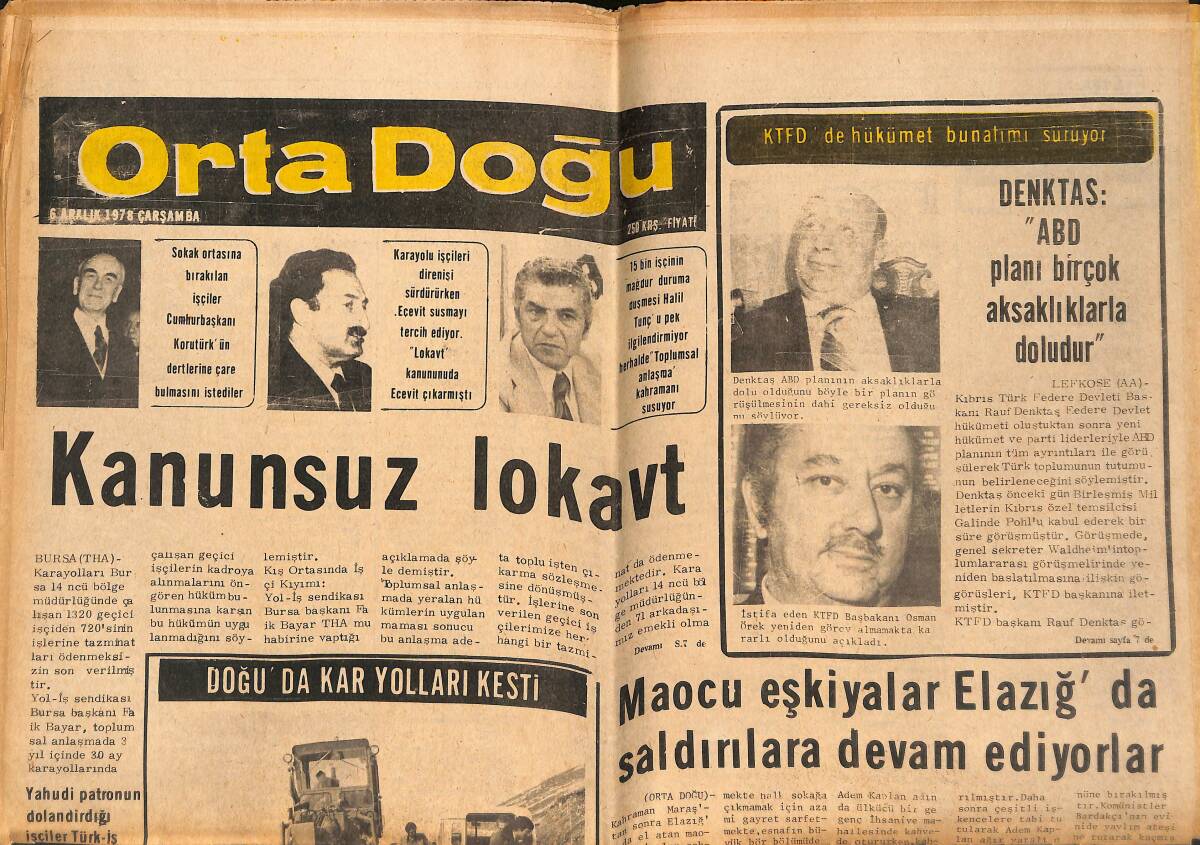 Orta Doğu Gazetesi 6 Aralık 1978 - Rauf Denktaş: ABD Planı Birçok Aksaklıklarla Doludur! - Maocu Eşkiyalar Elazığ'da Saldırılara Devam Ediyorlar! GZ139412 - 1