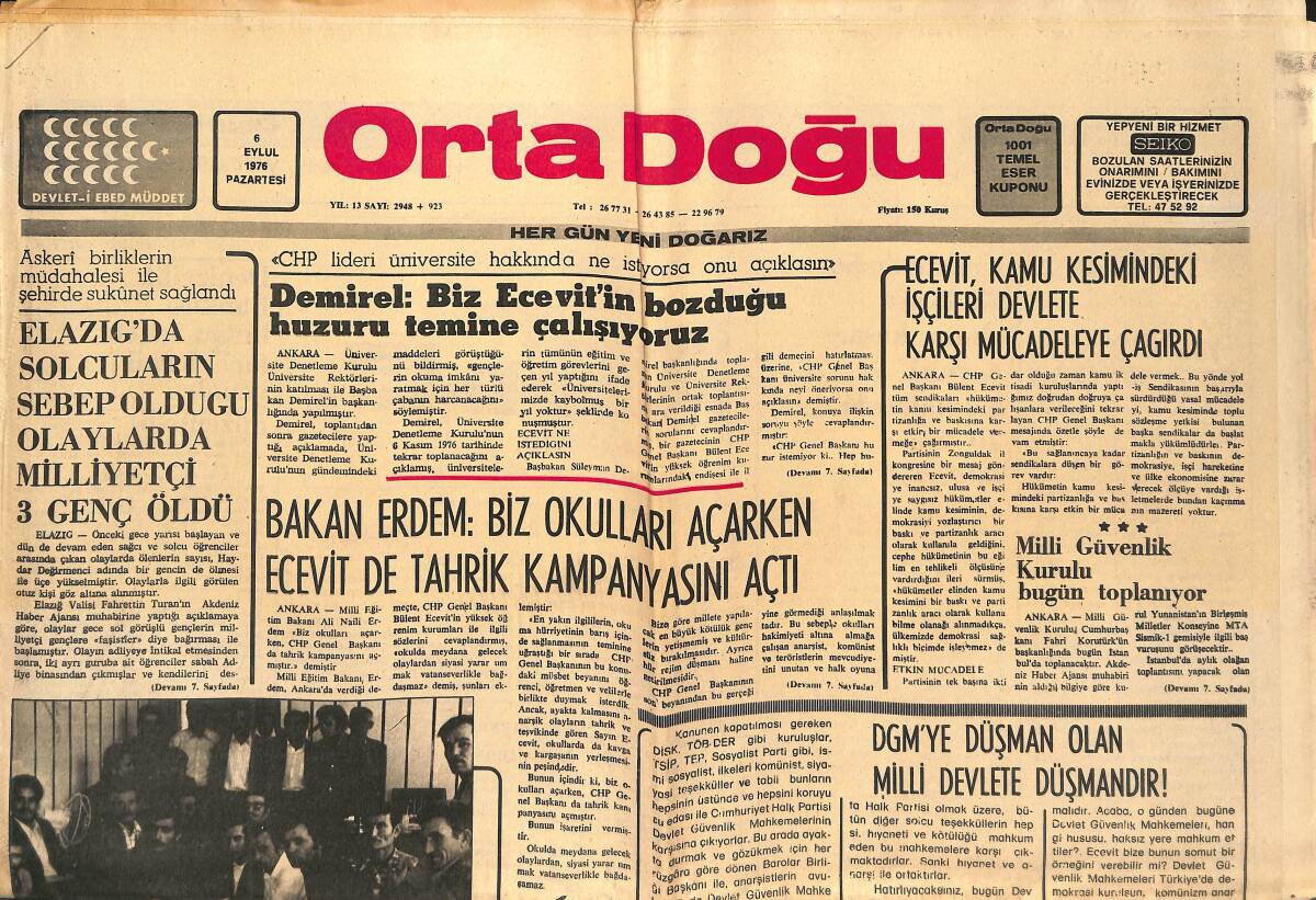 Orta Doğu Gazetesi 6 Eylül 1976 -Bülent Ecevit,Kamu Kesimindeki İşçileri Devlete Karşı Mücadeleye Çağırdı - DGM'YE Düşman Olan Milli Devlete Düşmandır GZ139358 - 1