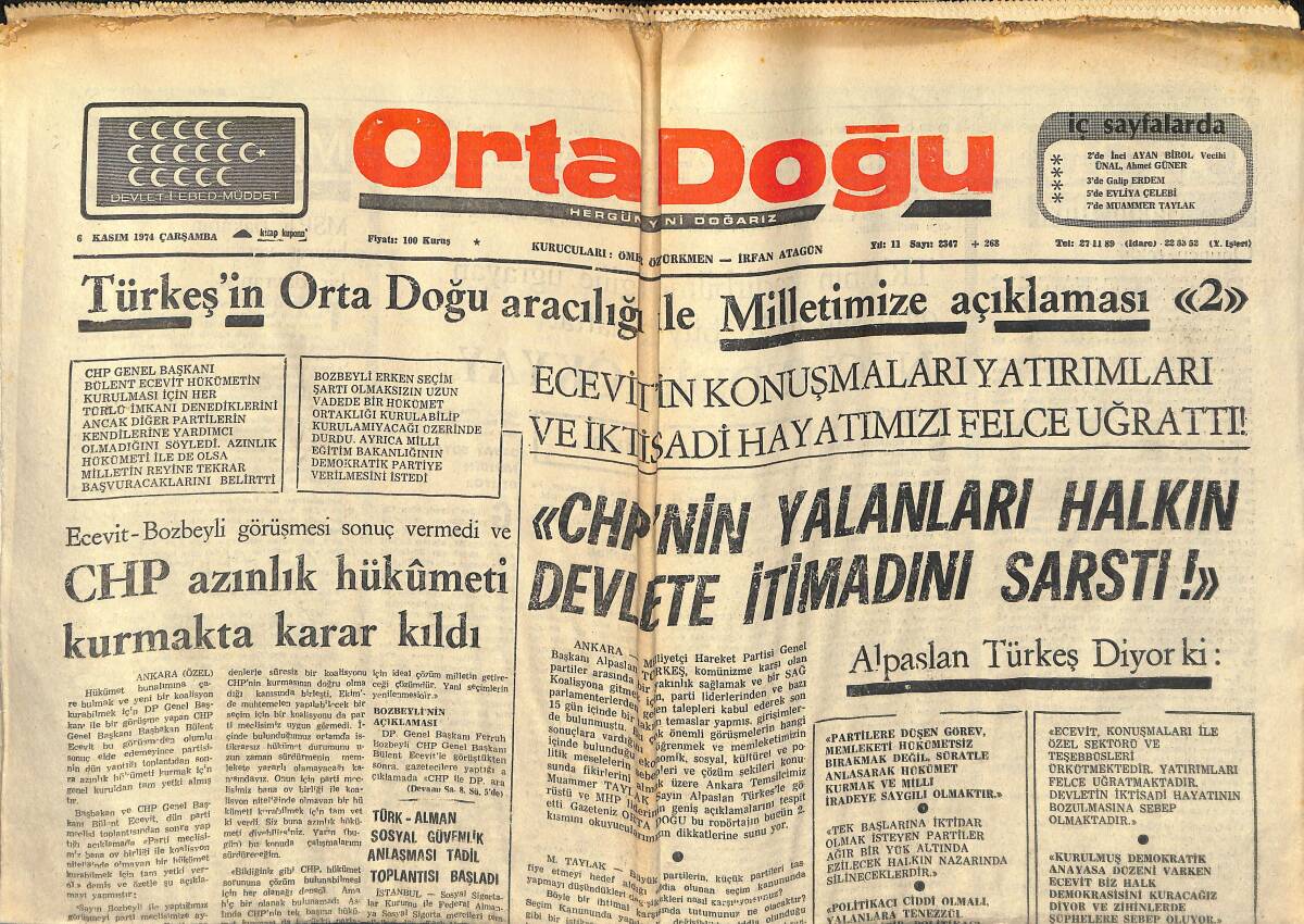 Orta Doğu Gazetesi 6 Kasım 1974 - CHP Azınlık Hükümeti Kurmakta Karar Kıldı - İstanbul'da 25 Bin Öğrenci Boykot Halinde GZ139188 - 1
