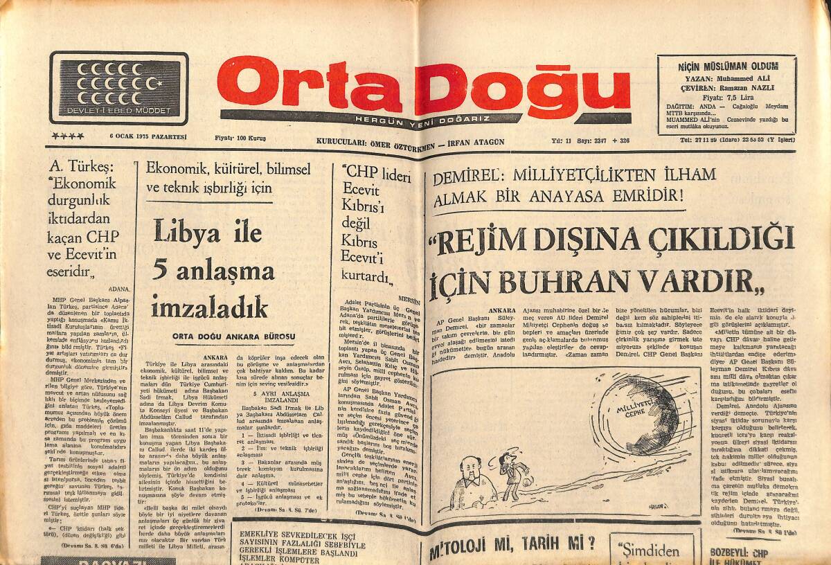Orta Doğu Gazetesi 6 Ocak 1975 - Libya İle 5 Anlaşma İmzaladık! - Malatya'da Halk Karakola Yürüdü! - Kürtçe Türkü Okuyan Solcu Aşık Tutuklandı! GZ139309 - 1