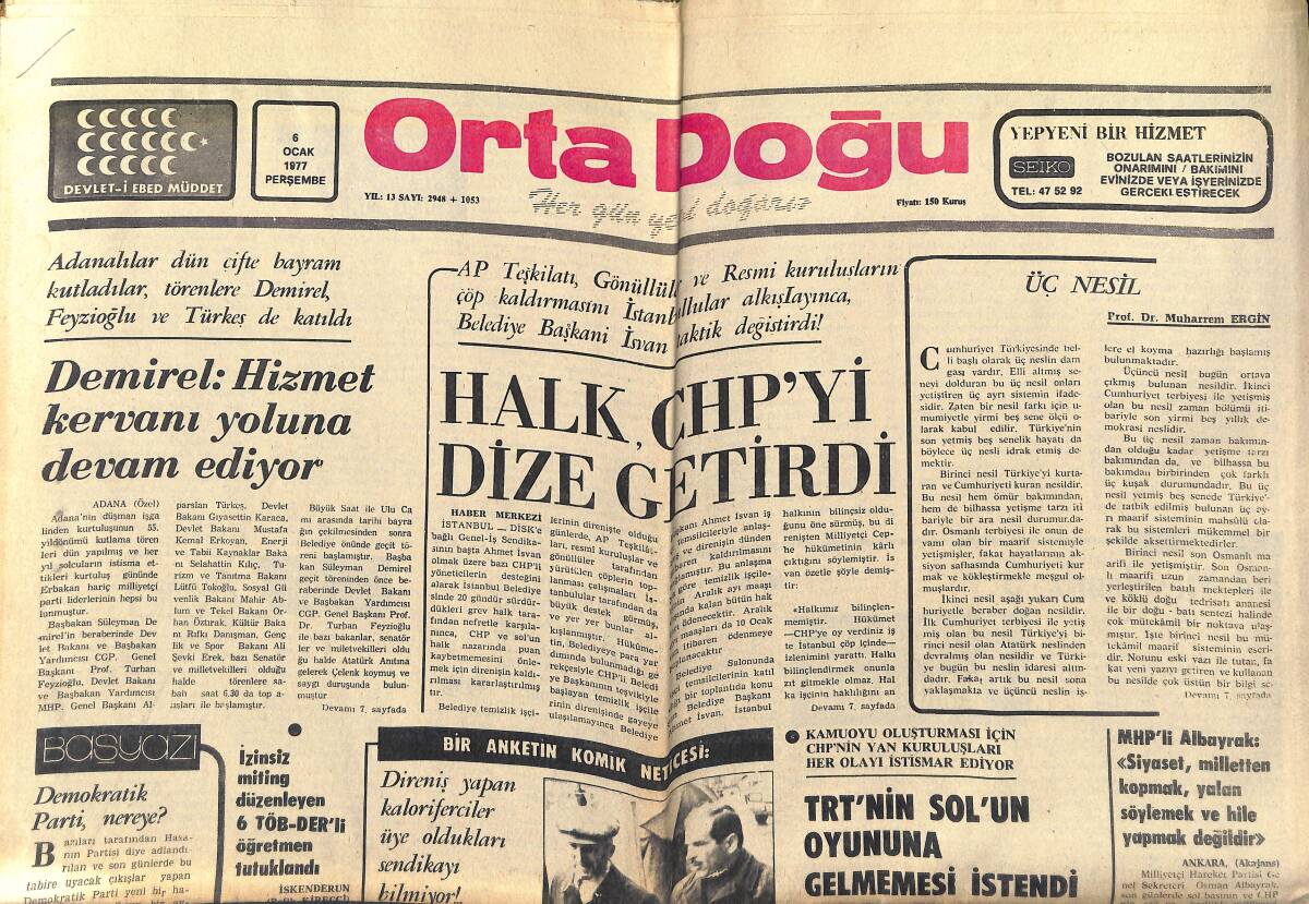 Orta Doğu Gazetesi 6 Ocak 1977 - Halk CHP'yi Dize Getirdi - TRT'nin Solun Oyununa Gelmemesi İstendi - Beşiktaş'ta Suçlu Kim GZ139165 - 1