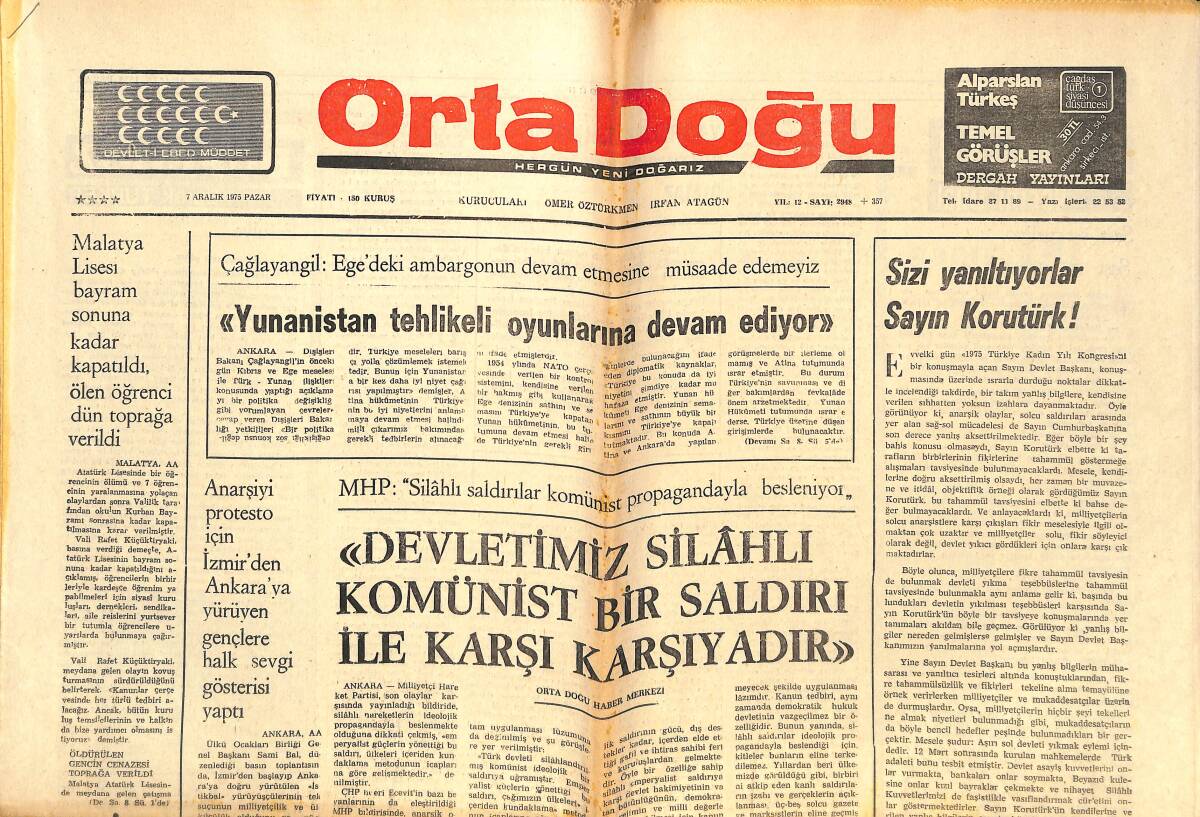 Orta Doğu Gazetesi 7 Aralık 1975 - Devletimiz Silahlı Komünist Bir Saldırı İle Karşı Karşıyadır GZ143876 - 1
