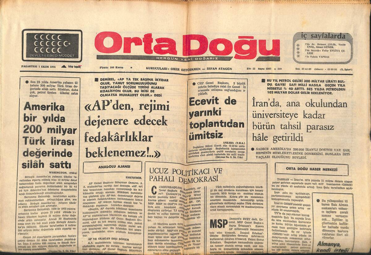 Orta Doğu Gazetesi 7 Ekim 1974 - Bülent Ecevit Yarın Ki Toplantıdan Ümitsiz - NATO'NUN Akdeniz'deki Durumu Zayıf! GZ139336 - 1