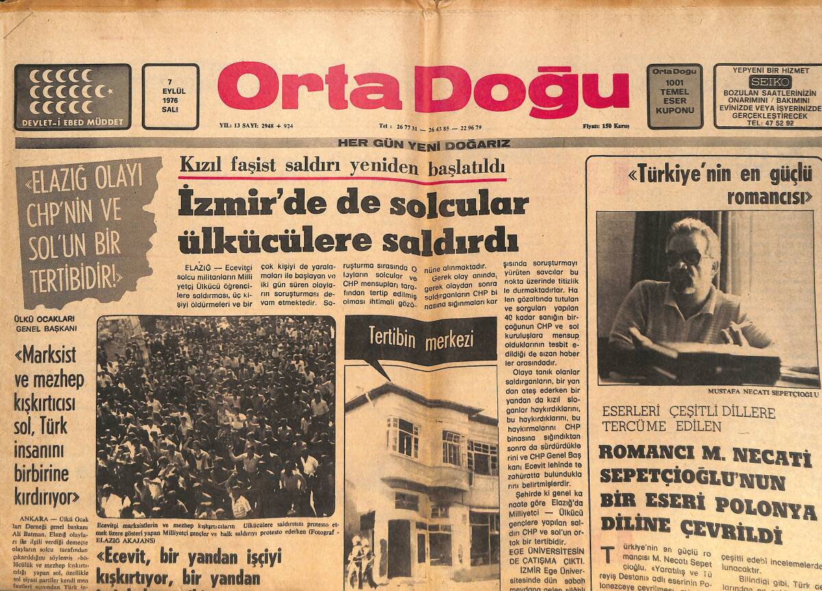 Orta Doğu Gazetesi 7 Eylül 1976 - İzmir'de De Solcular Ülkücülere Saldırdı - Elazığ'da Müessif Olayları CHP'Lİ Olanlar Önlemiş! GZ139359 - 1
