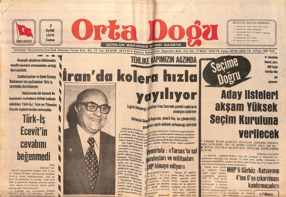 Orta Doğu Gazetesi 7 Eylül 1979 - İran'da Kolera Hızla Yayılıyor! - Türk-İŞ Bülent Ecevit'in Cevabını Beğenmedi! GZ139396 - 1