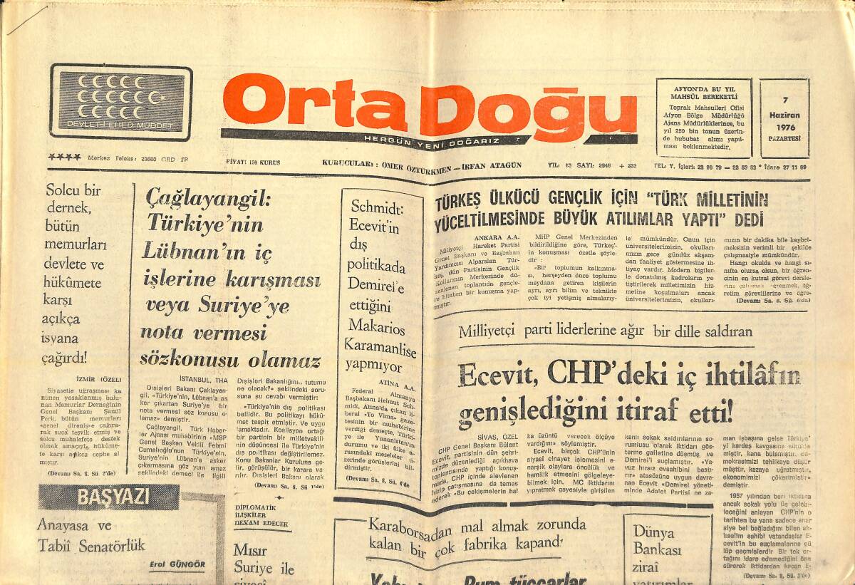 Orta Doğu Gazetesi 7 Haziran 1976 - Ecevit, CHP'DEKİ İç İhtilafın Genişlediğini İtiraf Etti! - CHP Çankaya Kongresinde Büyük Bir Kavga Çıktı! GZ139267 - 1