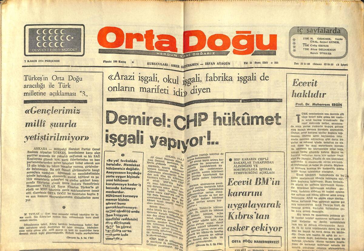 Orta Doğu Gazetesi 7 Kasım 1974 - Demirel 