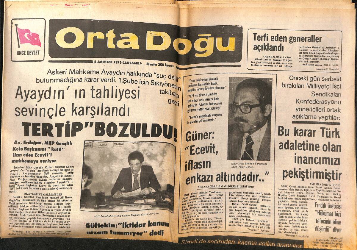 Orta Doğu Gazetesi 8 Ağustos 1979 - Güner: Ecevit, İflasın Enkazı Altındadır - AP Erdemli İlçe Başkanının Evi Yakıldı GZ148525 - 1