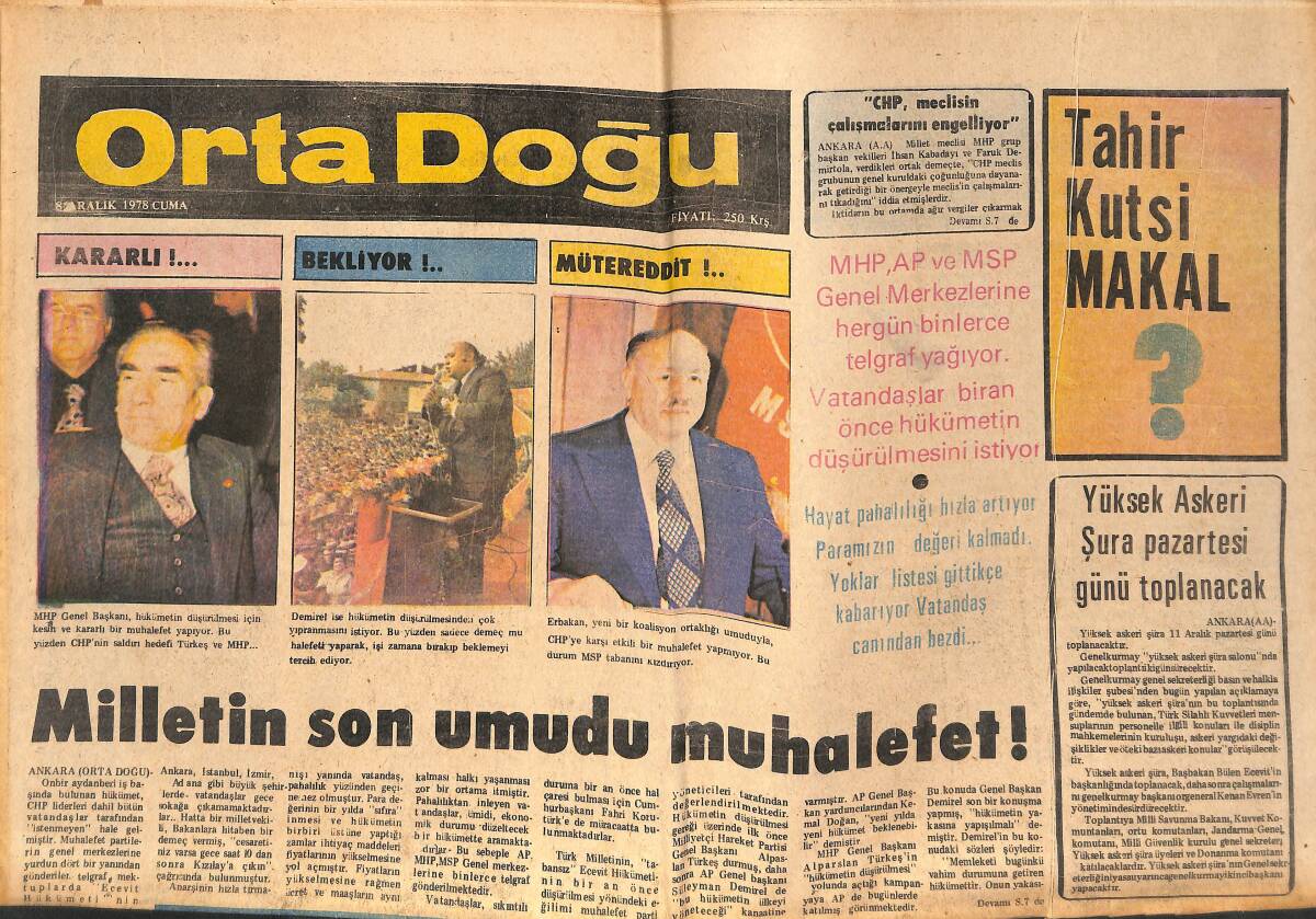 Orta Doğu Gazetesi 8 Aralık 1978 - Milletin Son Umudu Muhalefet! - Afrika'da Dehşet Saçan Lider! GZ139397 - 1