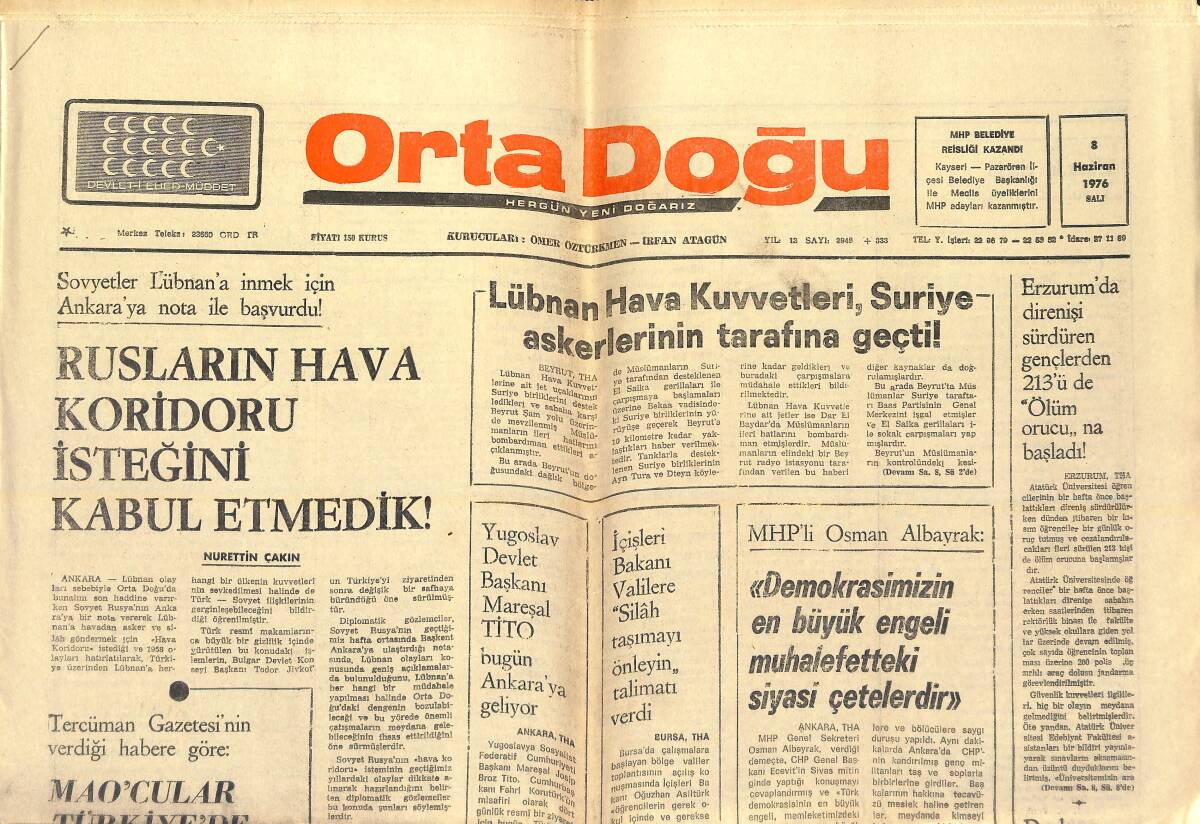 Orta Doğu Gazetesi 8 Haziran 1976 - Rauf Denktaş:Türkiye Olmadan Kıbrıs Türk'ü Hür Olamaz - Lübnan Hava Kuvvetleri, Suriye Askerlerinin Tarafına Geçti GZ139268 - 1