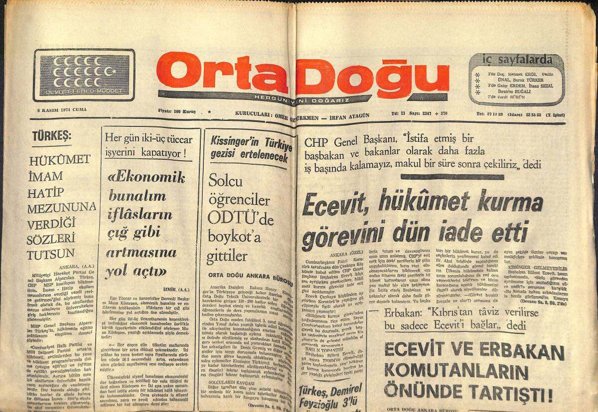 Orta Doğu Gazetesi 8 Kasım 1974 - Ecevit Hükümet Kurma Görevini Dün İade Etti - Ecevit Ve Erbakan Komutanların Önünde Tartıştı GZ139190 - 1
