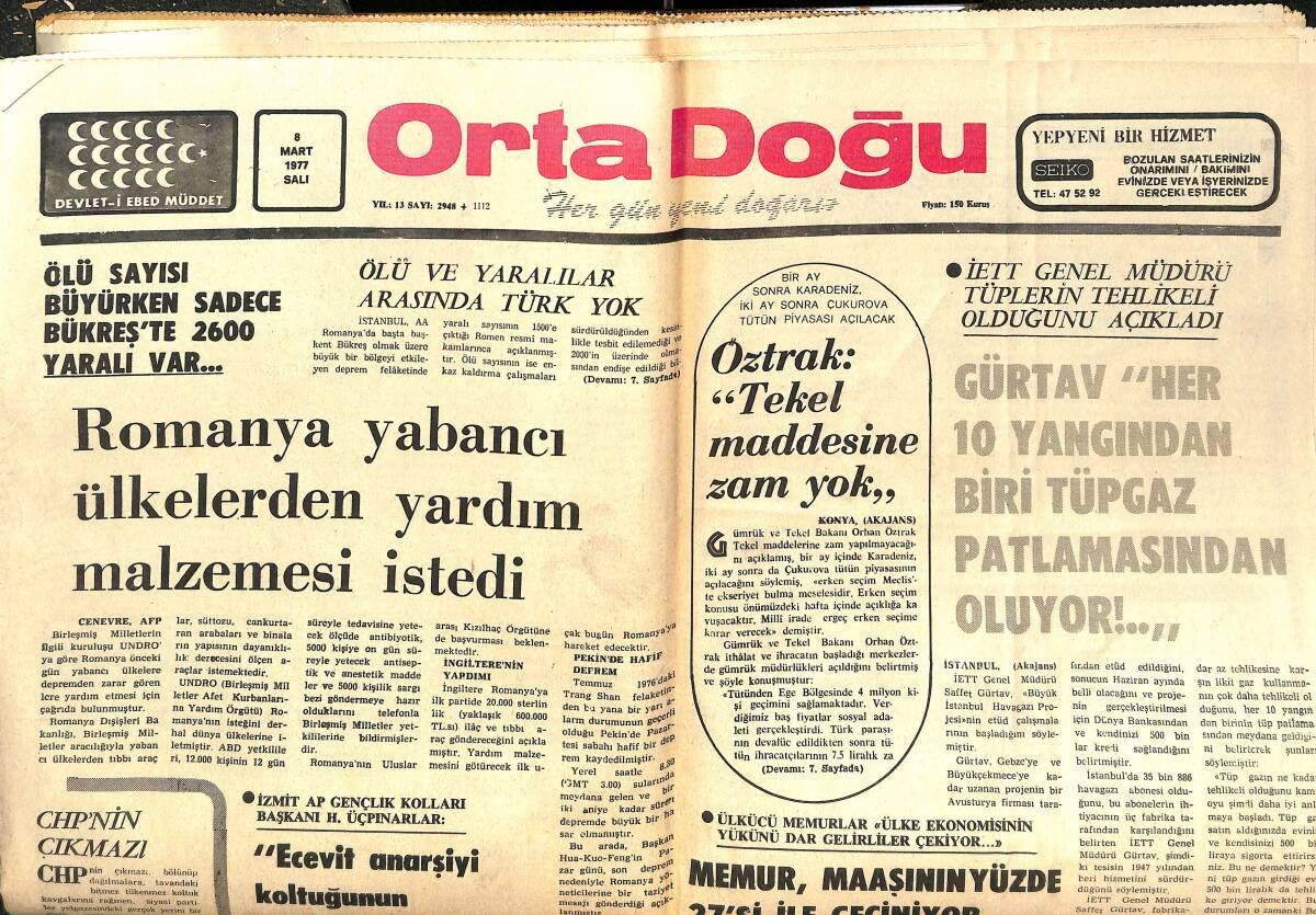 Orta Doğu Gazetesi 8 Mart 1977 - Romanya Yabancı Ülkelerden Yardım Malzemesi İstedi - İstanbul'un Turistik Haritası Hazırlandı GZ143878 - 1