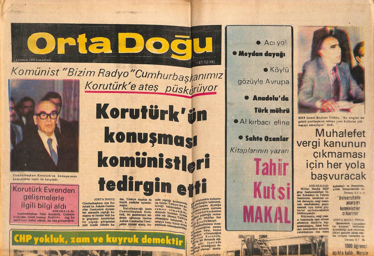 Orta Doğu Gazetesi 9 Aralık 1978 - Fahri Korutürk'ün Konuşması Komünistleri Tedirgin Etti! - CHP Yokluk, Zam Ve Kuyruk Demektir! GZ139392 - 1