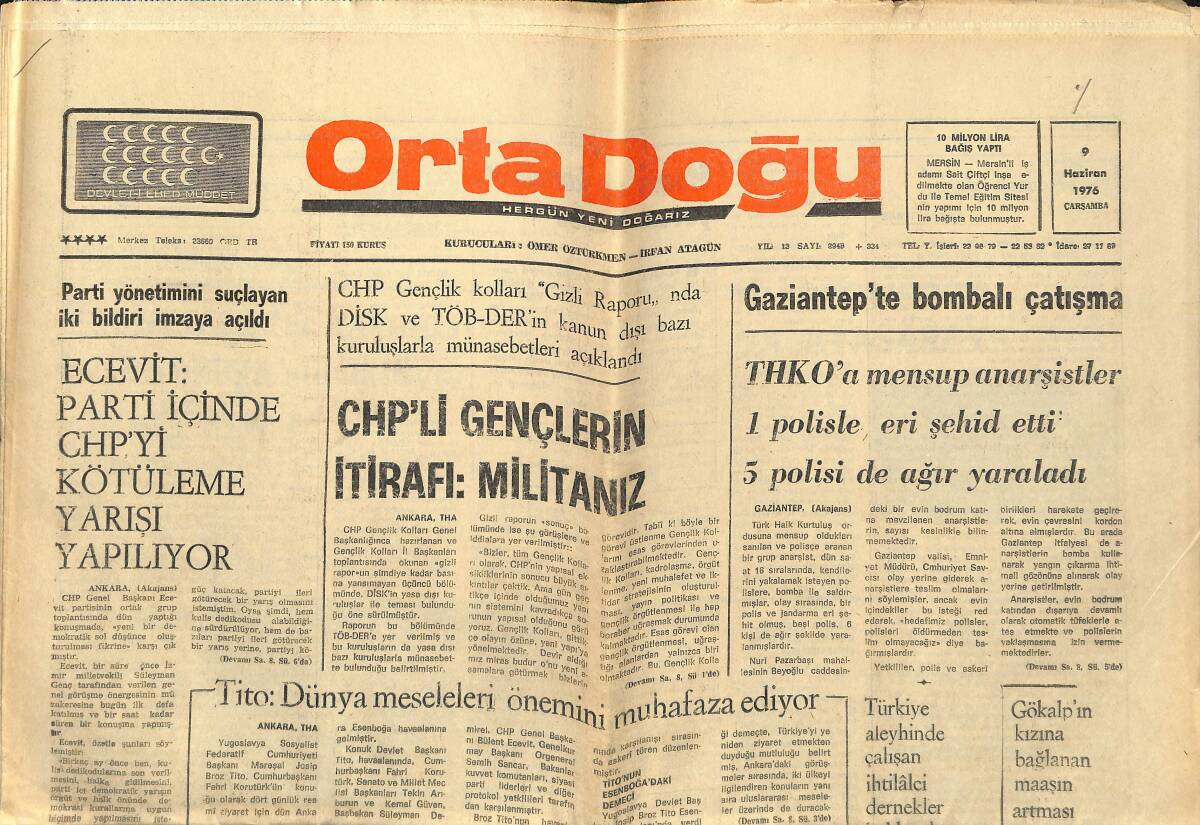 Orta Doğu Gazetesi 9 Haziran 1976 - CHP'li Gençlerin İtirafı 