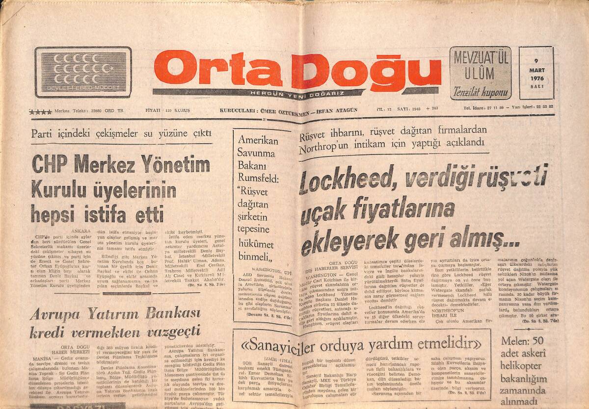 Orta Doğu Gazetesi 9 Mart 1976 - CHP Merkez Yönetim Kurulu Üyelerinin Hepsi İstifa Etti! - Yahya Demirel'in İkinci Tahliye Talebi De Reddedildi! GZ139303 - 1