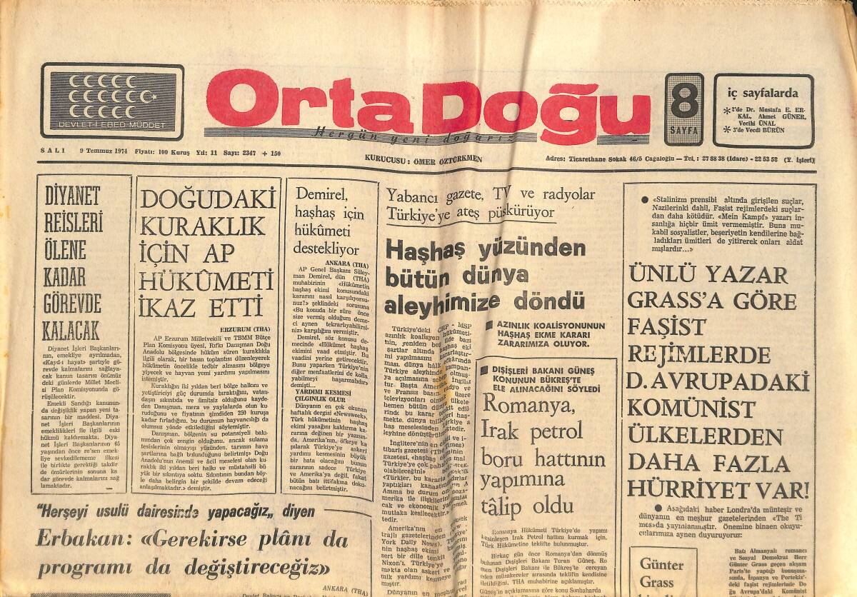 Orta Doğu Gazetesi 9 Temmuz 1974 - Japonya'da Tayfundan 53 Kişi Öldü - Bangladeş'te 9 Bakan İstifa Etti! GZ139362 - 1