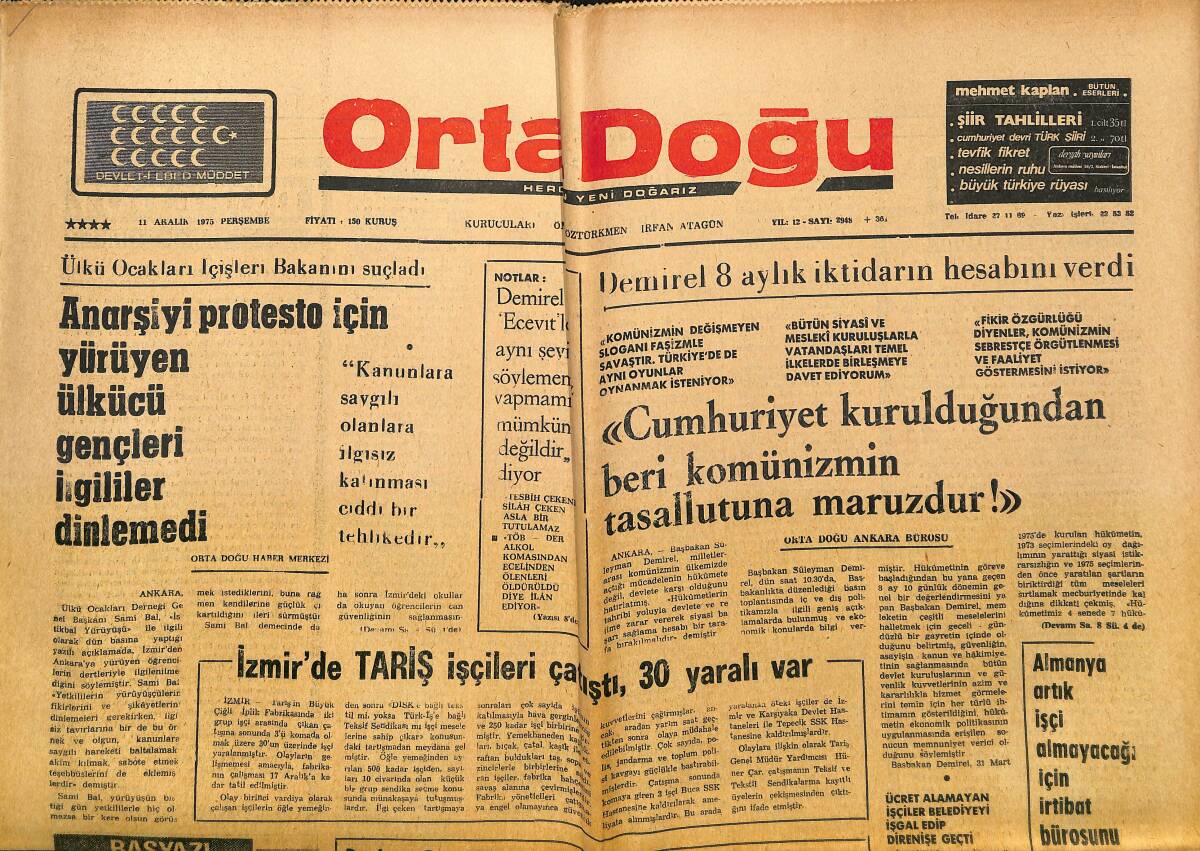 Ortadoğu Gazetesi 11 Aralık 1975 - Beyrut'ta 48 Saat İçinde 185 Lübnanlı Öldürüldü - İzmir'de TARİŞ İşçileri Çatıştı , 30 Yaralı Var GZ150597 - 1