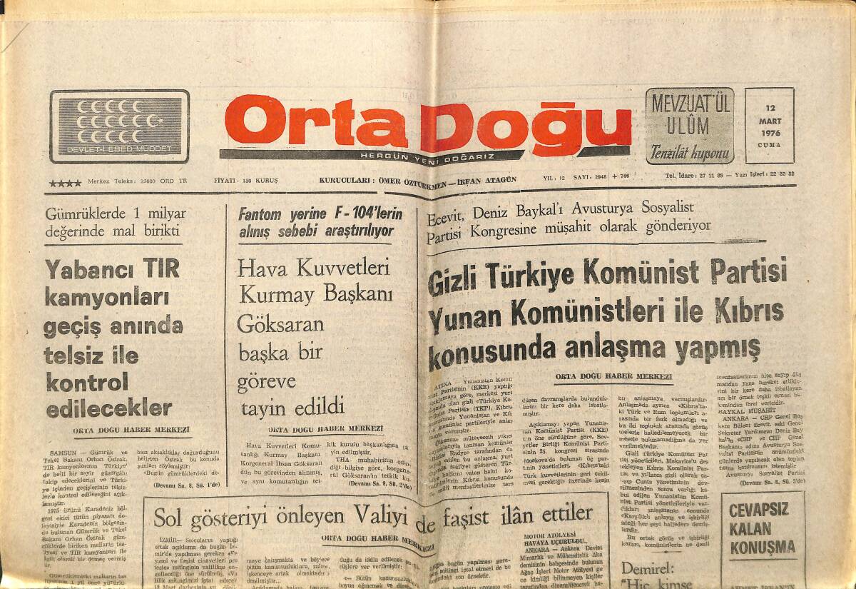 Ortadoğu Gazetesi 12 Mart 1976 - Gizli Türkiye Komünist Partisi Yunan Komünistleri İle Kıbrıs Konusunda Anlaşma Yapmış GZ150592 - 1