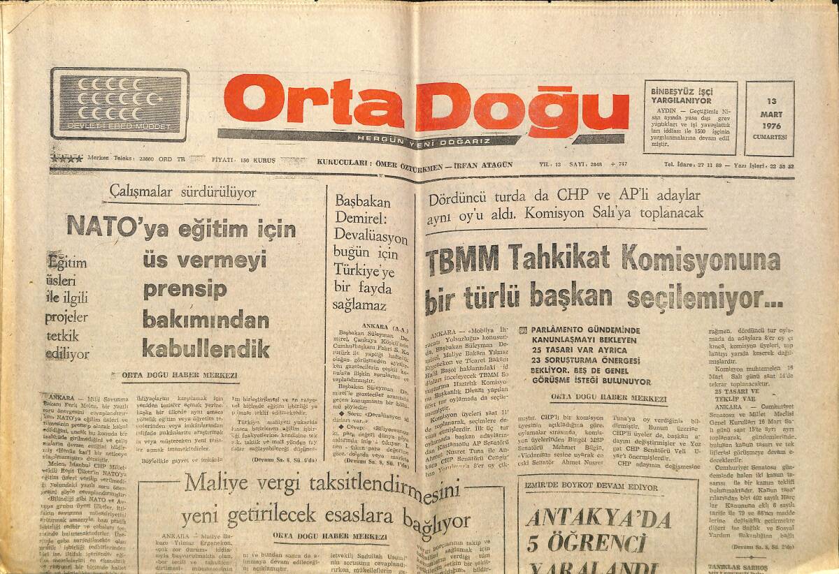 Ortadoğu Gazetesi 13 Mart 1976 - TBMM Tahkikat Komisyonuna Bir Türlü Başkan Seçilemiyor... GZ150593 - 1