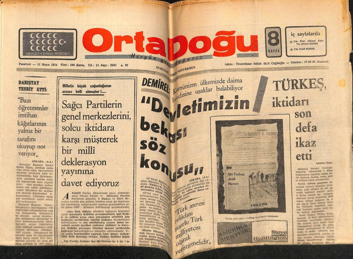 Ortadoğu Gazetesi 13 Mayıs 1974 - Çay Üreticilerine Göre D.Karadenizde Büyük Patlamalar Olabilir - BAYAR'IN Doğum Gününde Siyasi Kararlar Alınacak GZ149073 - 1