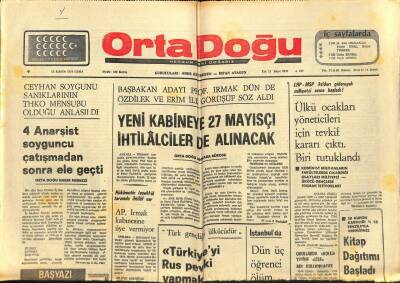 Ortadoğu Gazetesi 15 Kasım 1974 - Ülkü Ocakları Yöneticileri İçin Tevkif Kararı Çıktı - Yeni Kabineye 27 Mayısçı İhtilalciler de Alınacak GZ93340 - 1