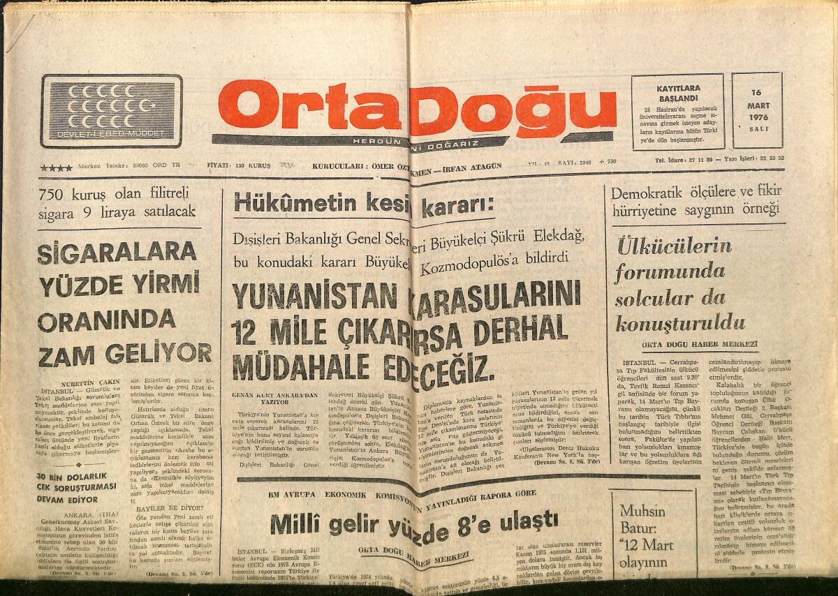 Ortadoğu Gazetesi 16 Mart 1976 - İran Şahı Amerika'yı Tehdit Etti - Beyrut'ta İç Savaş Yeniden Başladı GZ150600 - 1