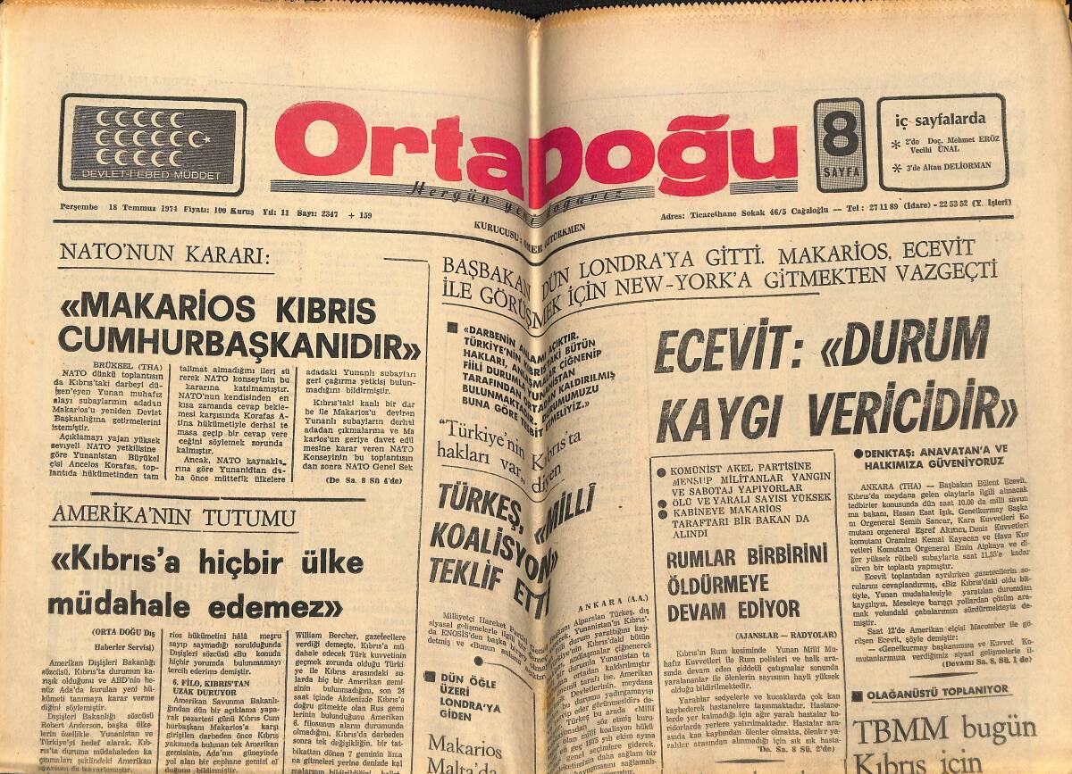 Ortadoğu Gazetesi 18 Temmuz 1974 - Atina Ve Çevresi Yanıyor - Türkeş , '' Milli Koalisyon '' Teklif Etti GZ148805 - 1