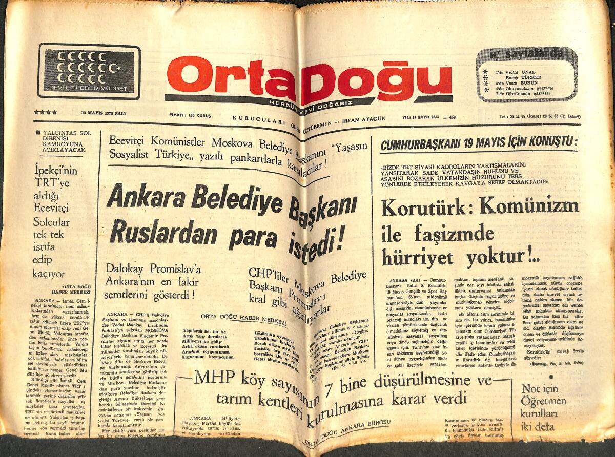 Ortadoğu Gazetesi 20 Mayıs 1975 - Ankara Belediye Başkanı Ruslardan Para İstedi ! GZ142918 - 1