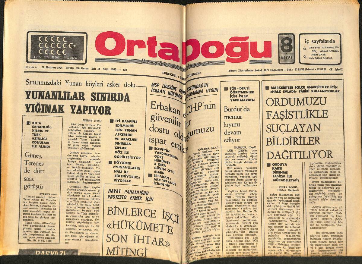 Ortadoğu Gazetesi 21 Haziran 1974 - Yunanlılar Sınırda Yığınak Yapıyor - Haliç Köprüsü Ağustos'ta Hizmete Giriyor GZ148814 - 1