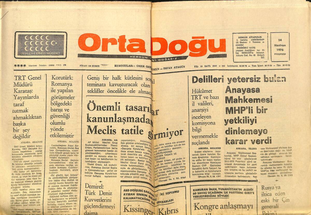 Ortadoğu Gazetesi 24 Haziran 1976 - Kıbrıs Türk Federe Meclisi Yakında Göreve Başlıyor - İpekçi'ye Hâlâ TRT Genel Müdürü Maaşı Ödeniyor ! GZ150601 - 1