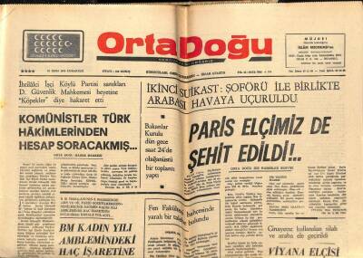 Ortadoğu Gazetesi 25 Ekim 1975 - Paris Elçimizde Şehit Edildi GZ66487 - 1
