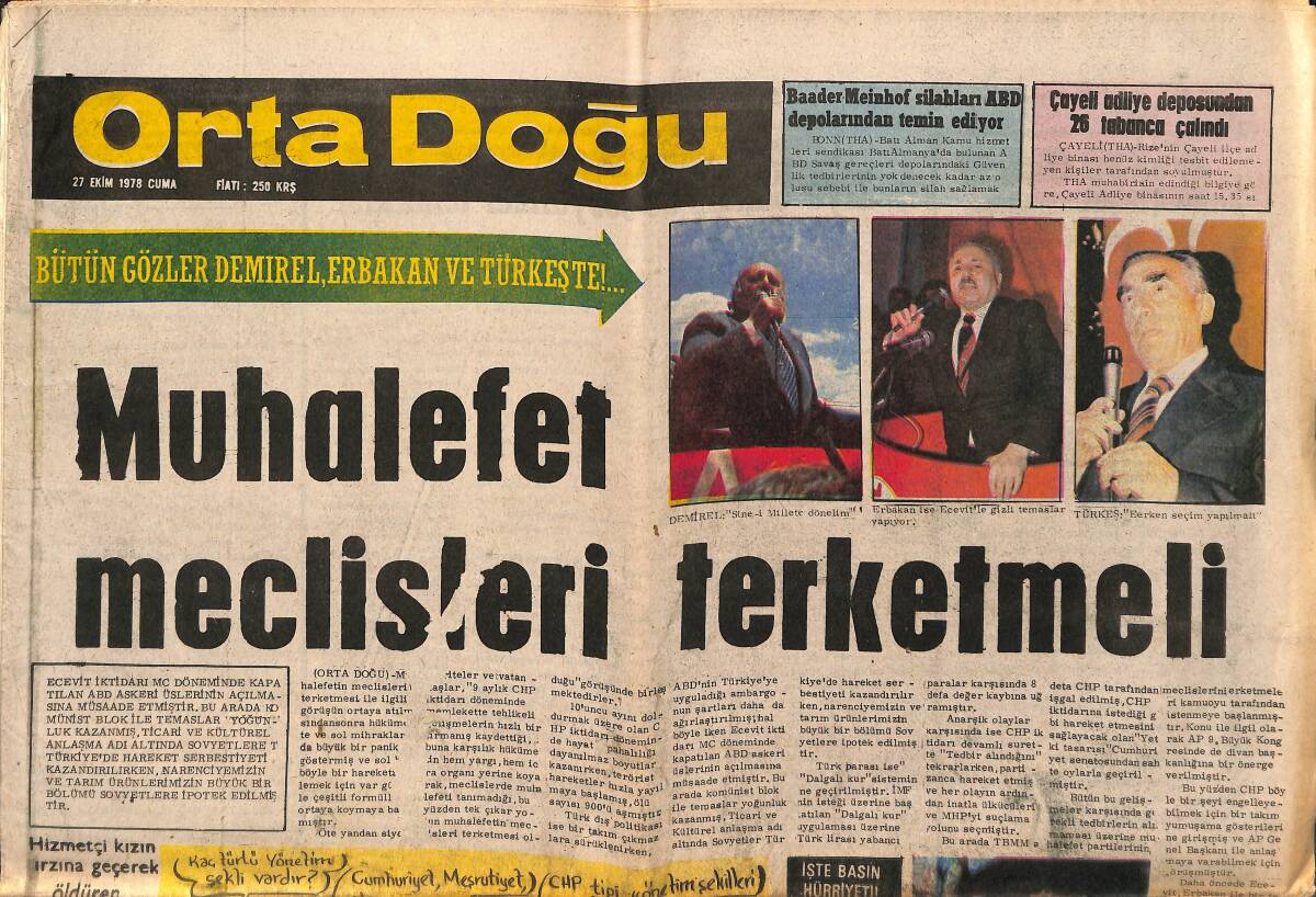 Ortadoğu Gazetesi 27 Ekim 1978 - Asgari Ücretin Arttırılması İsteniyor - Muhalefet Meclisleri Terketmedi GZ149478 - 1