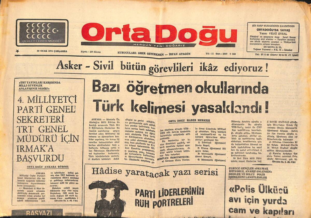 Ortadoğu Gazetesi 29 Ocak 1975 - Kerim Yaman'ı Öldüren Solcu Öğrenci Yaralı Halde Firar Etti GZ149477 - 1