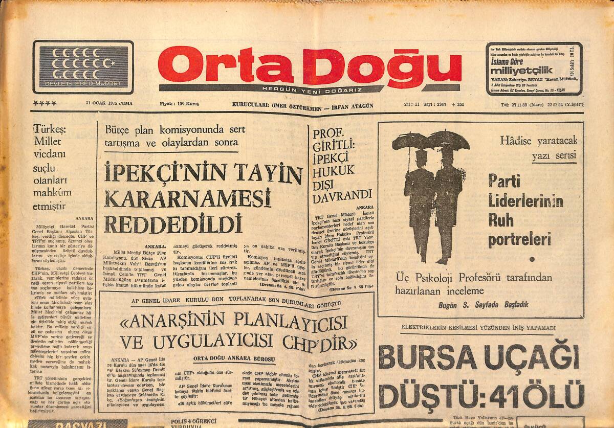Ortadoğu Gazetesi 31 Ocak 1975 - Bursa Uçağı Düştü : 41 Ölü - İpekçi'nin Kararnamesi Reddedildi GZ149476 - 1
