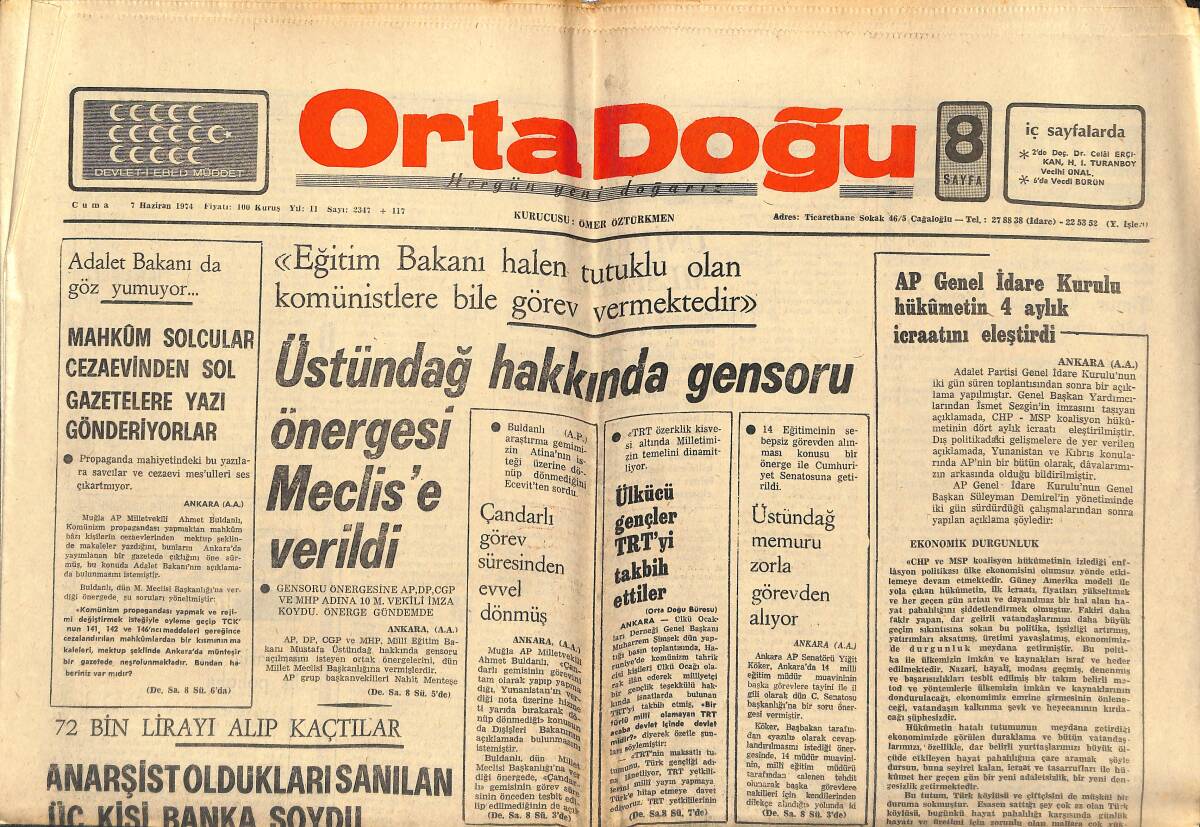Ortadoğu Gazetesi 7 Haziran 1974 - Üstündağ Hakkında Gensoru Önergesi Meclis'e Verildi GZ147029 - 1