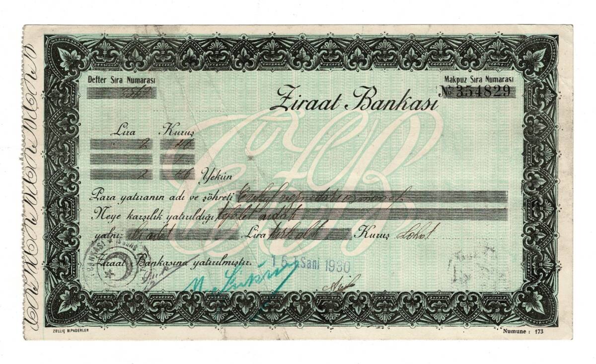 1930 Erken Cumhuriyet Dönemi TOKAT Ziraat Bankası Makbuz Senedi - Zelliç Biraderler Baskısı OSM163 - 1