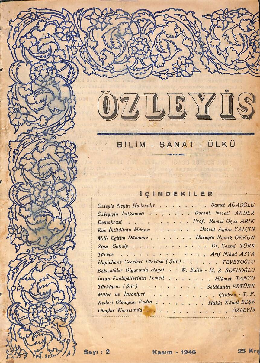 Özleyiş Dergi (Bilim Sanat Ülkü) Kasım 1946 Sayı:2 - Samet Ağaoğlu, Necati Akder, Remzi Oğuz Akder NDR88177 - 1