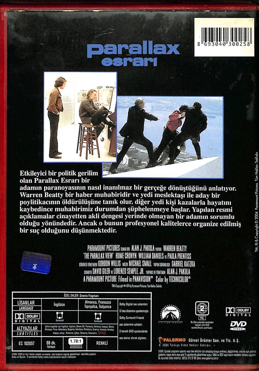 PARALLAX ESRARI - THE PARALLAX VIEW 1974 ORJİNAL DVD Film (İkinci El) DVD2551 - 2