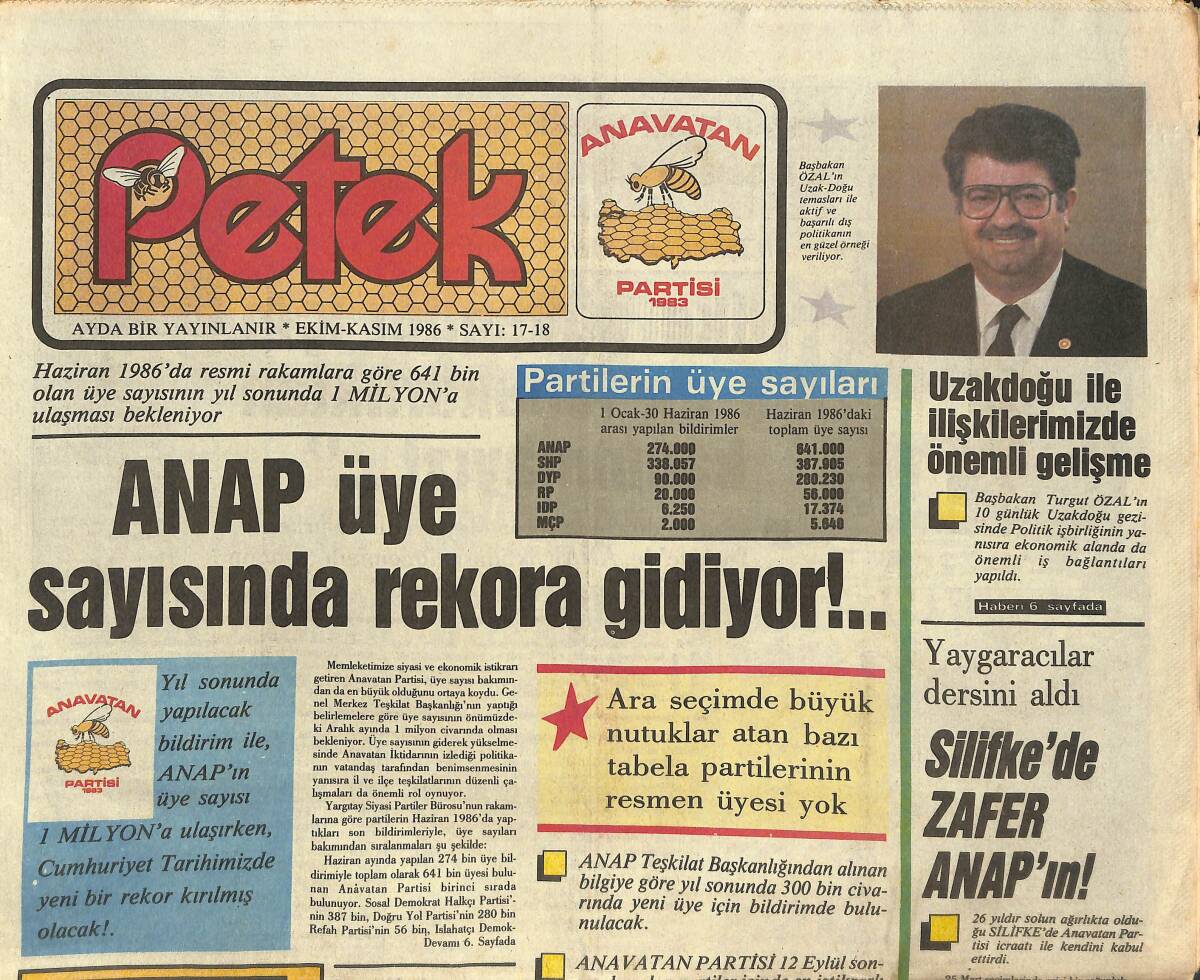 Petek Gazetesi Ekim-Kasım 1986 - ANAP Üye Sayısında Rekora Gidiyor - Diyarbakır Her Şeyi İle Yeniden İnşa Edilecek GZ137757 - 1