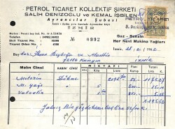 Petrol Ticaret Kollektif Şirketi SALİH DENİZOĞLU Ve KEMAL İŞBİLEN Ayrancılar Şubesi Motorin Faturası Damga Pullu İmzalı 1962 EFM(N)10855 - Gökçekoleksiyon