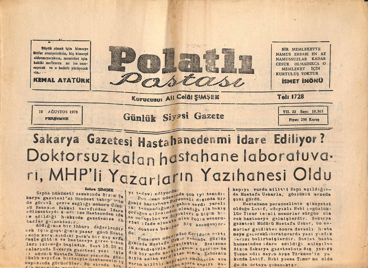 Polatlı Postası Gazetesi 10 Ağustos 1978 - Doktorsuz Kalan Hastahane MHP'li Yazarların Yeri Oldu, CHP'nin 55.Yılı GZ134724 - 1