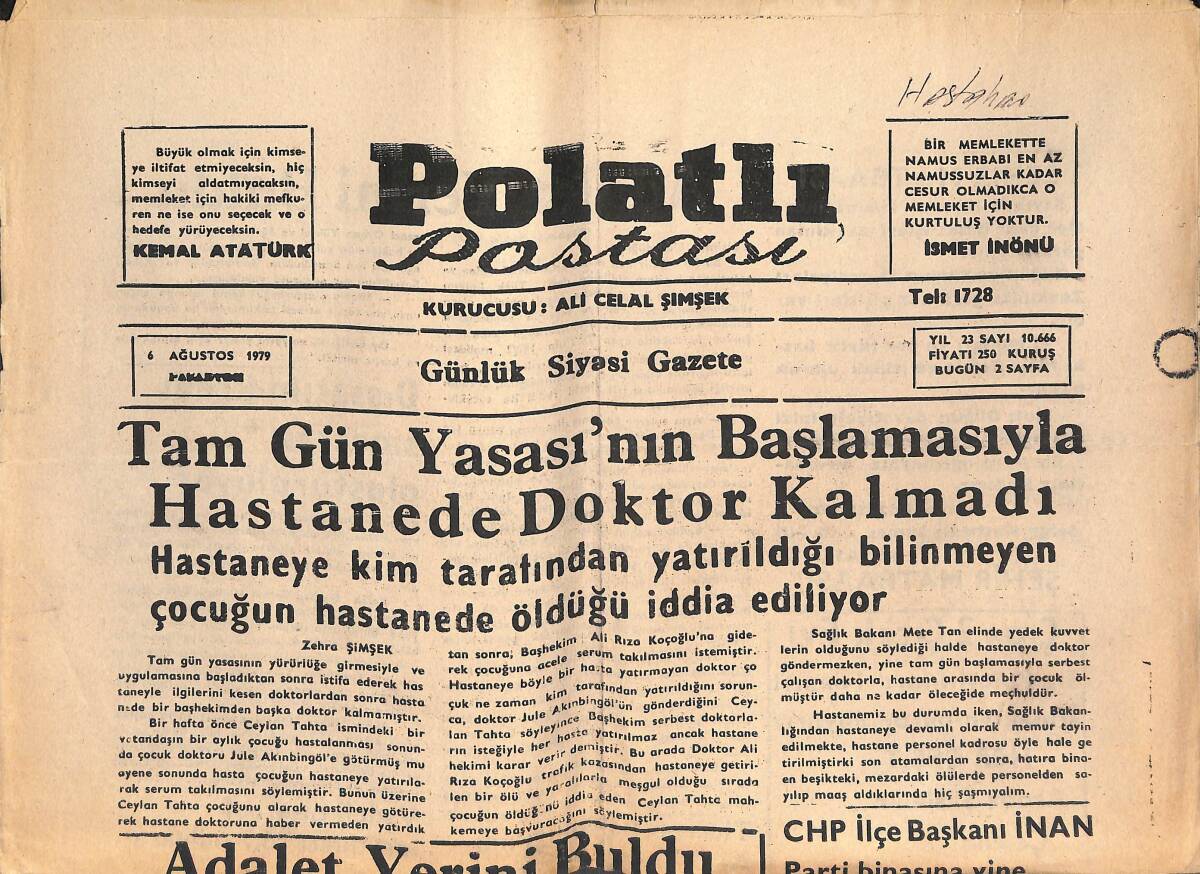 Polatlı Postası Gazetesi 6 Ağustos 1979 - Savcı Öz'ün Katili Ölüme Mahkum Oldu GZ134725 - 1