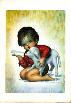 Pop Art Sevimli Çocuk Ve Kuzu Temalı Büyük Boy Kartpostal KRT18877 - 1