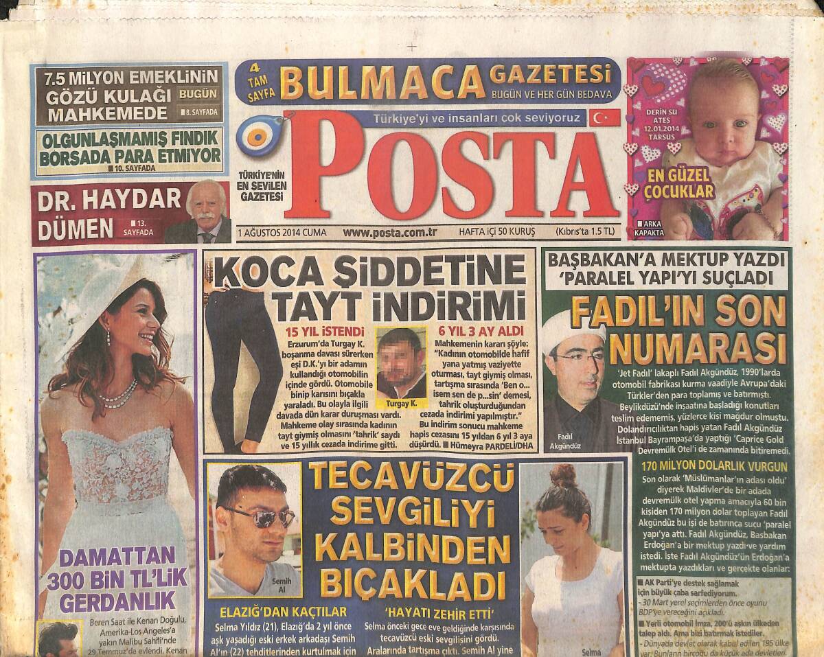 Posta Gazetesi 1 Ağustos 2014 - İmam Hatip Talimatı - Kenan Doğulu'dan Beren Saat'e 300 Bin TL'LİK Gerdanlık! GZ137241 - 1