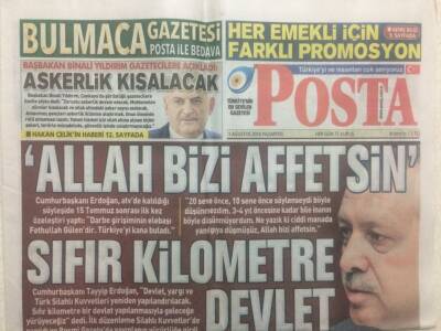 Posta Gazetesi 1 Ağustos 2016 - Binali Yıldırım,Askerlik Kısalacak GZ29159 - 1