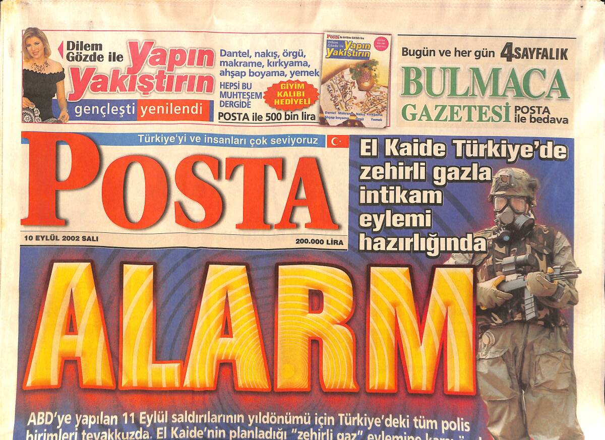 Posta Gazetesi 10 Eylül 2002 - El Kaide Türkiye'de Zehirli Gazla İntikam Eylemi Hazırlığında - Nouma İmzayı Sırta Attı GZ157245 - 1