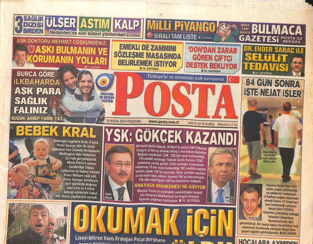 Posta Gazetesi 10 Nisan 2014 - YSK: Gökçek Kazandı - AK Parti'den İsim Cezası - 84 Gün Sonra Nejat işler GZ137213 - 1